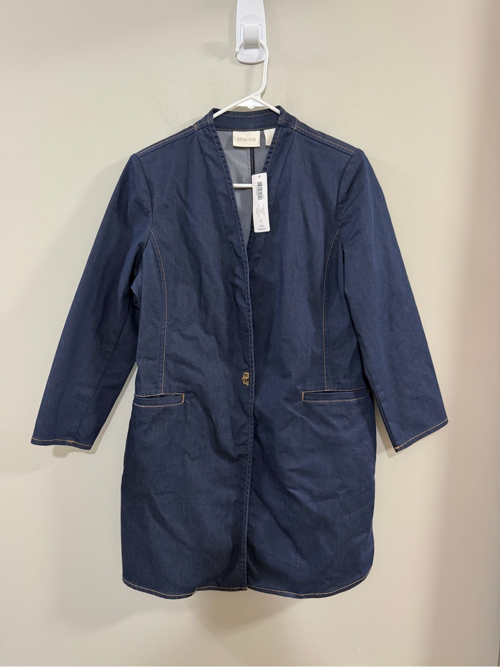 Chico's Navy Collarless Longline Jean Jacket with Single Toggle Closure. Size 1